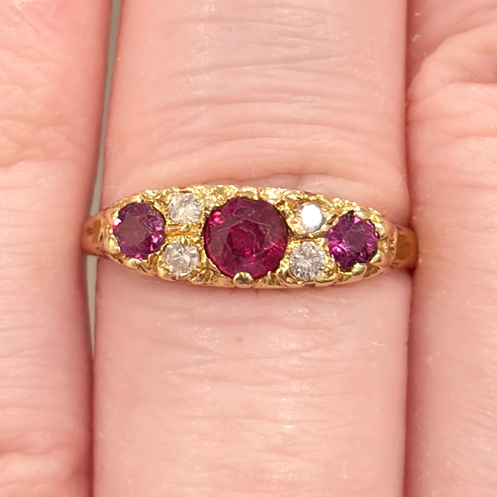 18K Ruby Diamond Edwardian Ring, 1960s Recreation Size 6.75 - Picture 1 of 15